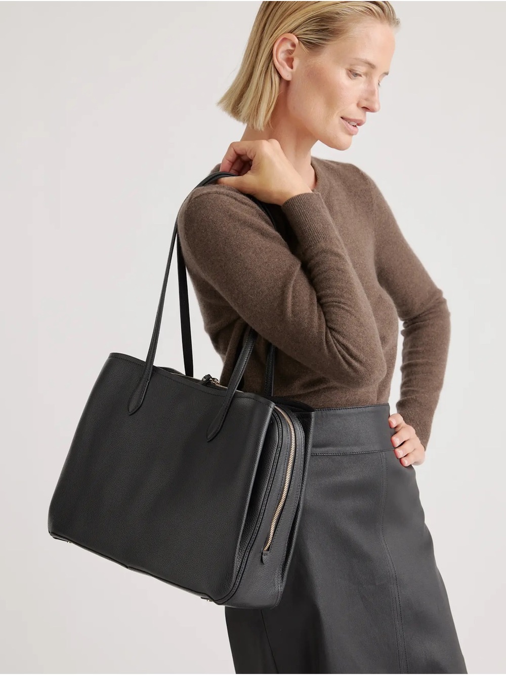 Quince Vivienne Three Compartment Black Leather Work Tote Slim Shoulder Strap - Picture 2 of 5